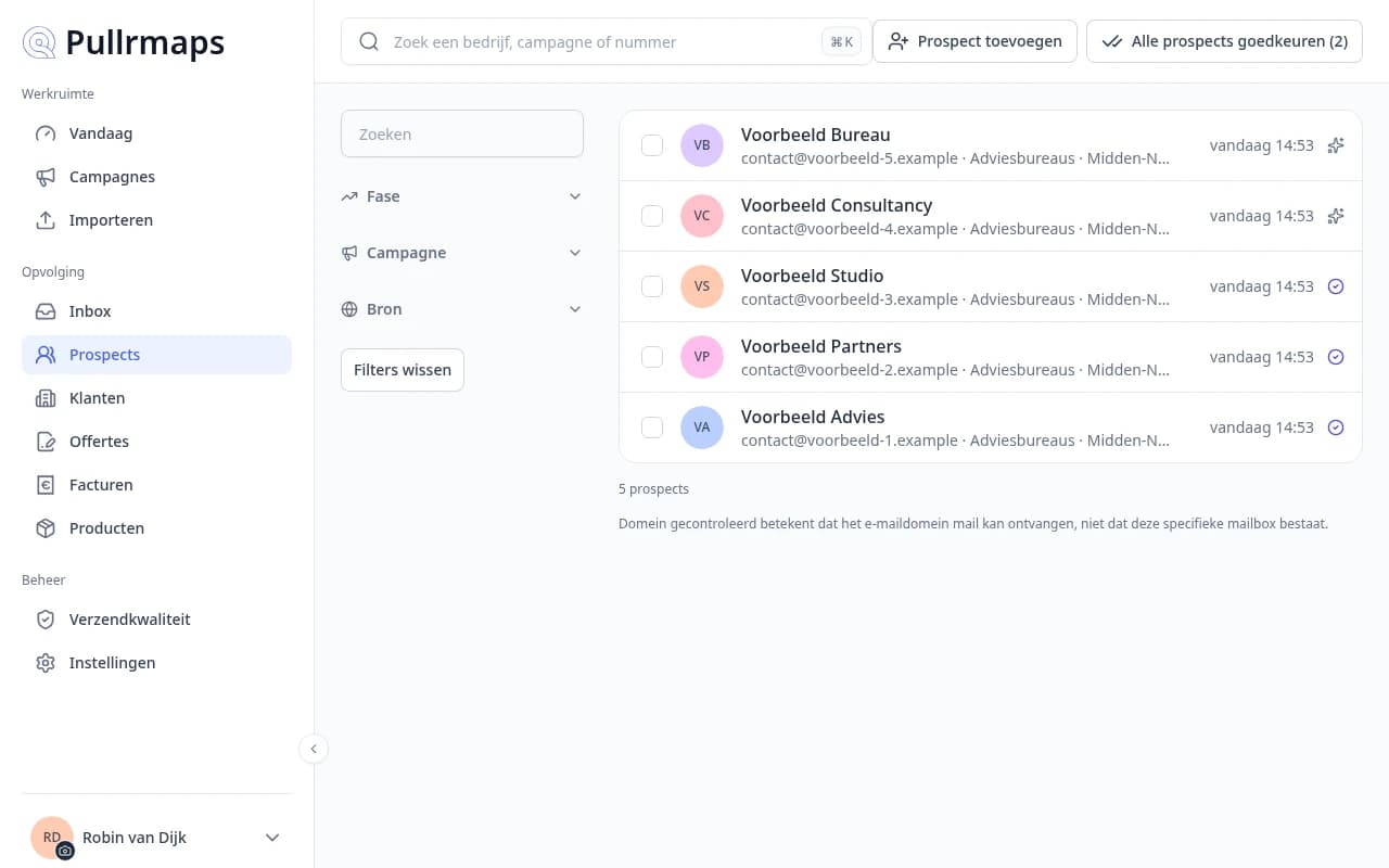 Pullrmaps prospectoverzicht met vijf fictieve adviesbureaus, hun status en campagne